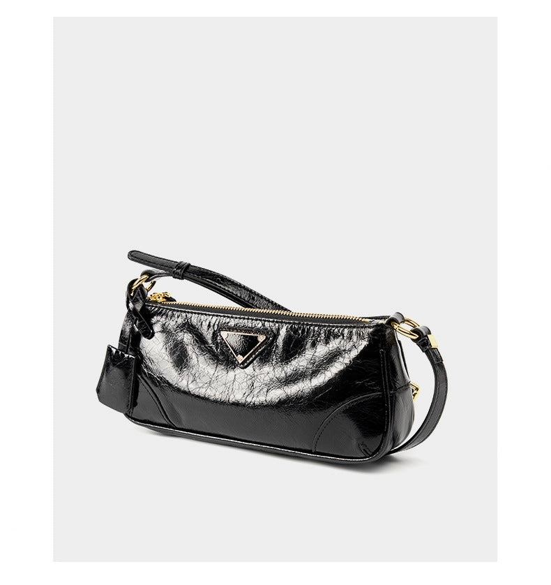 Borsa a tracolla da donna in vera pelle, modello Crescent, alla moda, colore nero.