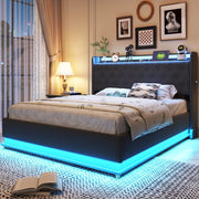 Letto imbottito 140x200 cm; luci LED multicolore e USB; tessuto grigio