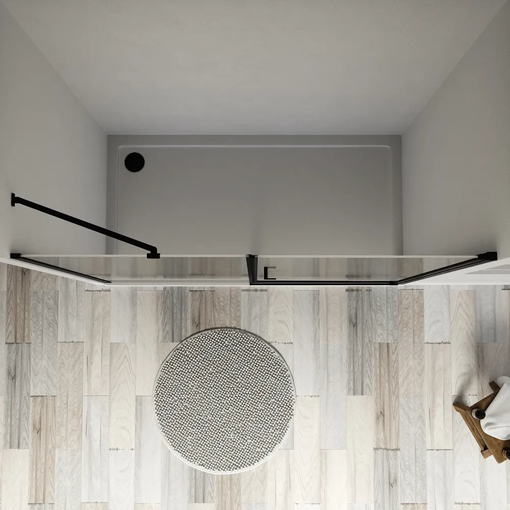 Porta doccia 141-145cm profili nero opaco apertura a battente e parete fissa vetro 8mm trasparente h195 | Fiji
