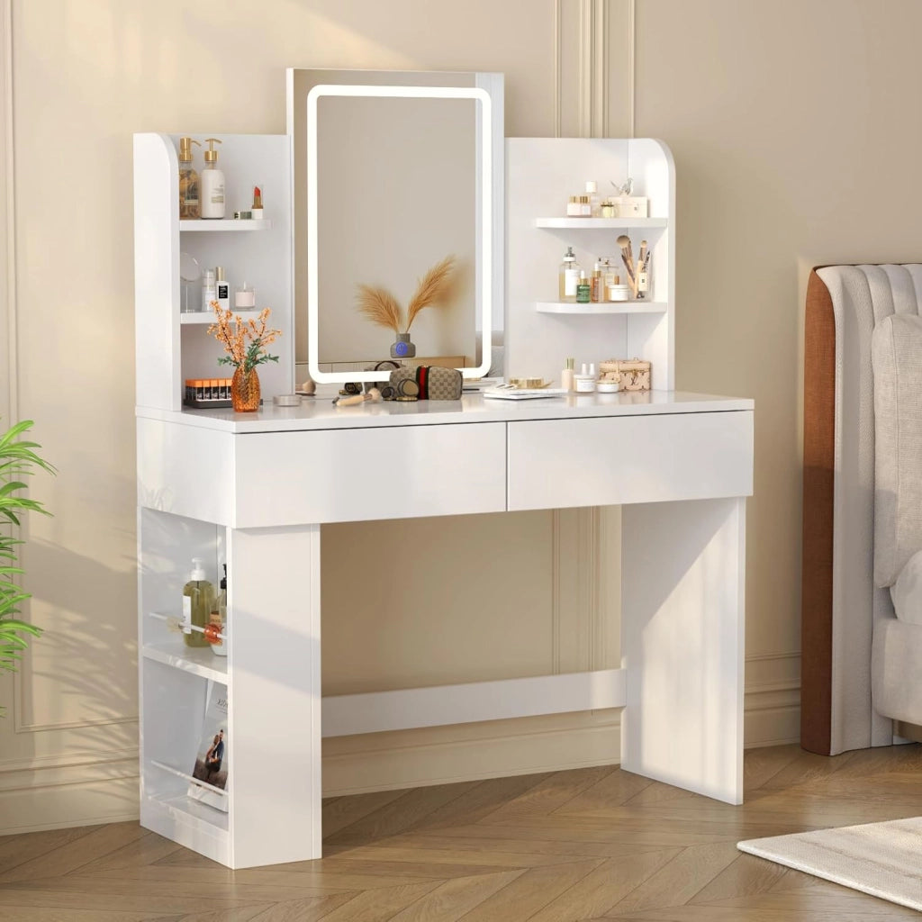 Toeletta Trucco con Luci LED 3 con Luminosità Regolabile,Tavolo da Trucco con Specchio, Ripiani Regolabili, 2 Cassetti, in Legno,Moderno (Rosa, 90cm)
