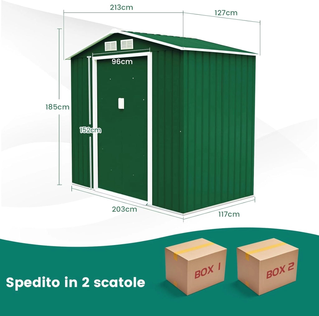 Casetta da Giardino in Acciaio 2,7㎡, con Base, Porte Scorrevoli, Maniglie, Sfoghi e Tettoia, Capanno da Esterno per Giardino, Fattoria e Cortile, 213 x 127 x 185 cm (Verde Scuro)