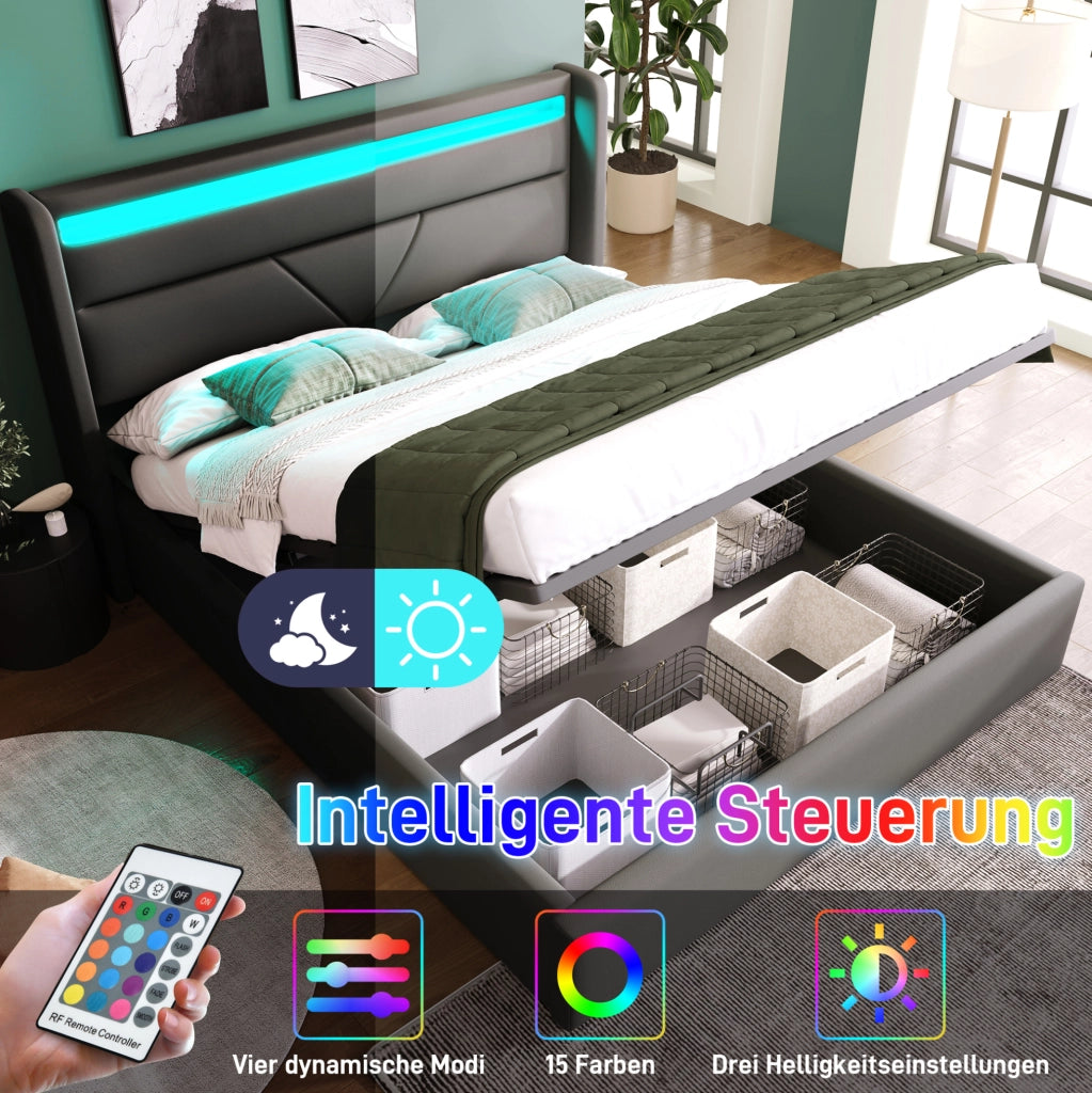 Letto contenitore 140x200 cm in PU grigio con LED