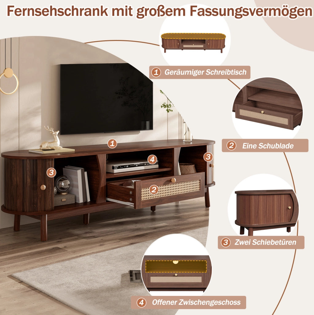 Mobile TV in MDF color noce con ante scorrevoli e cassetti in rattan