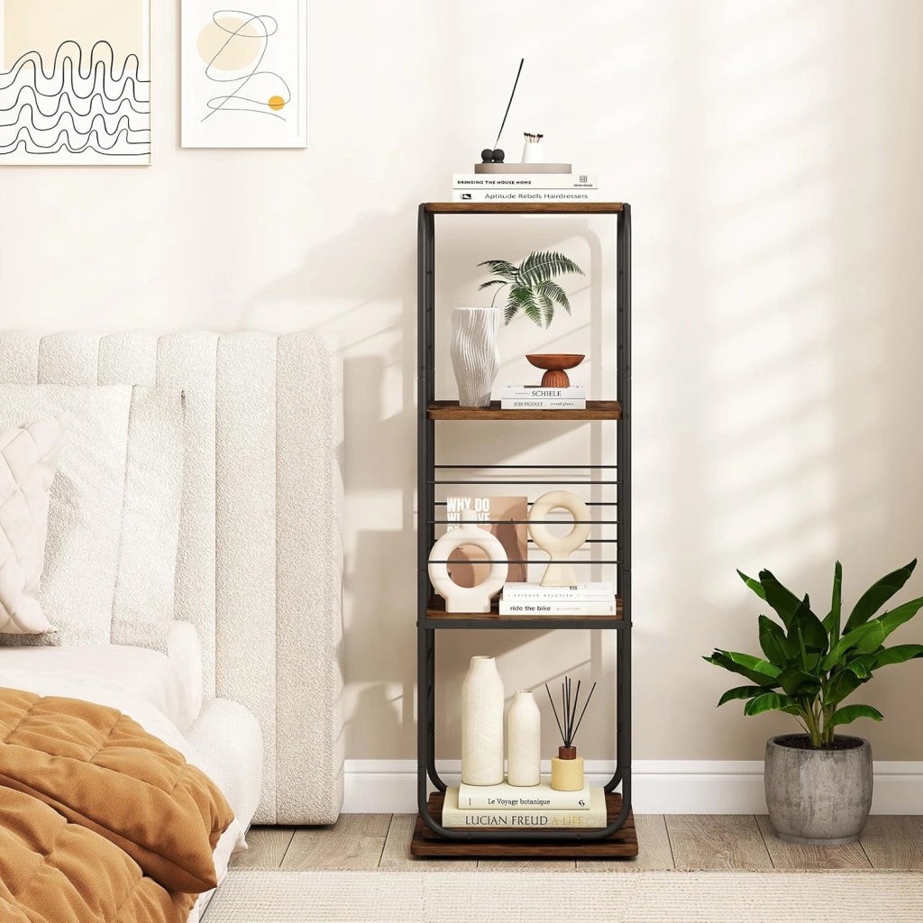 Supporto Giradischi Girevole a 4 Ripiani, Porta Dischi Rotante a 360° con Struttura in Metallo, Scaffale d'Angolo Salvaspazio per Casa, Ufficio e Soggiorno, 40x40x115 cm (Marrone)