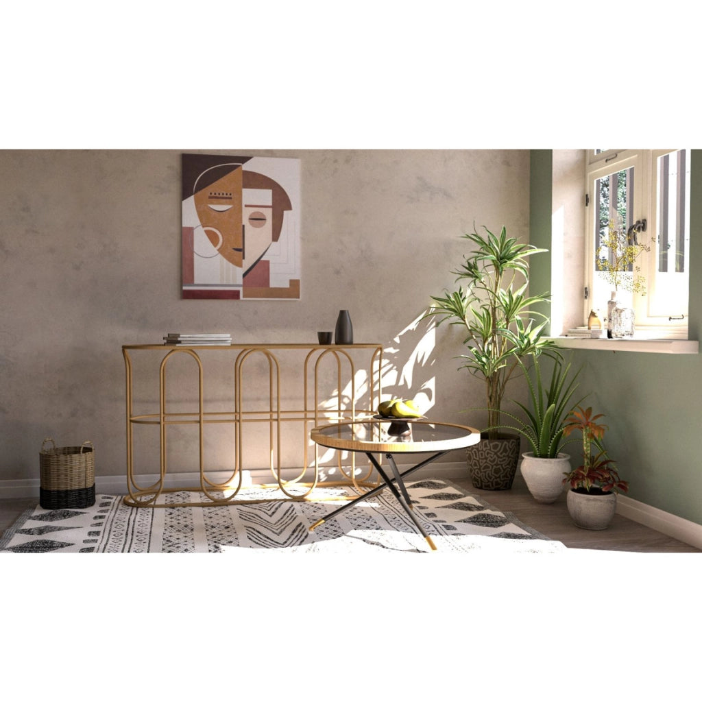Tavolino da caffè rotondo Saint Barth con piano in vetro, ferro e rattan — Ø 80x46,5 cm