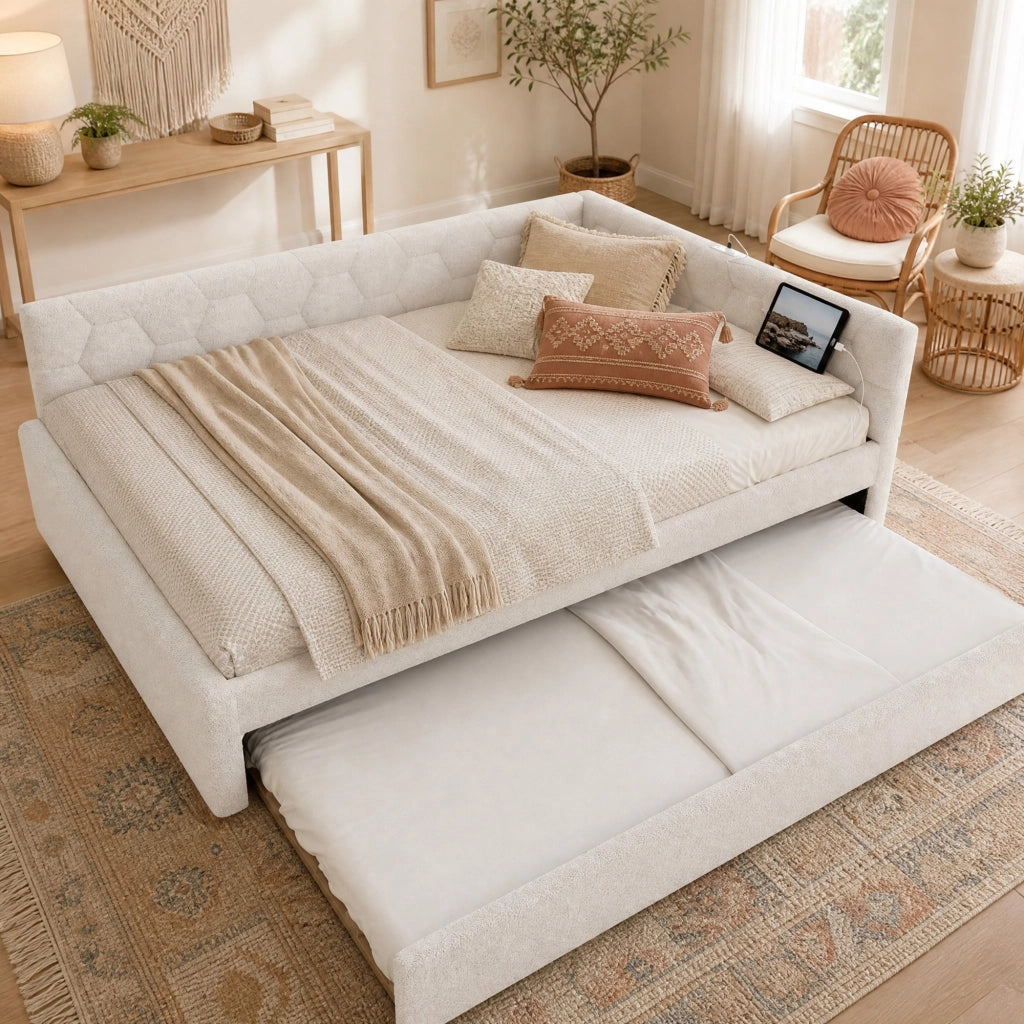 Letto con rete e letto estraibile 140 x 200 cm, bianco, con luce notturna e porte USB