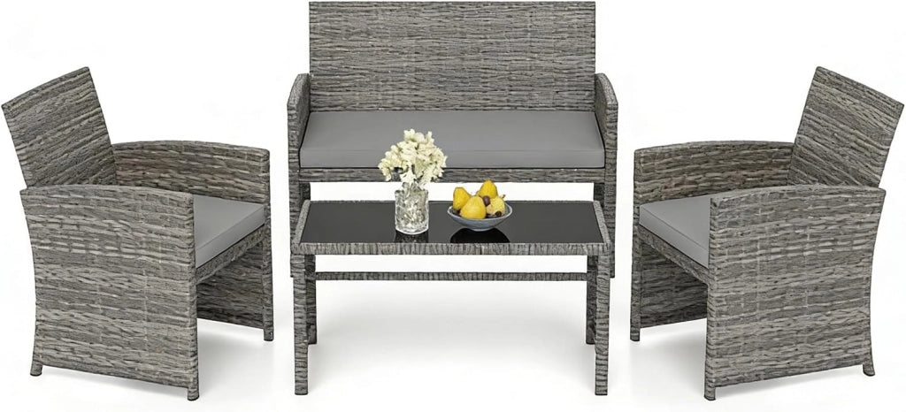 Set di mobili in rattan da giardino, 4 pezzi, divano a 2 posti, 2 poltrone, tavolino da salotto con piano in vetro, per 4 persone, tavolo e sedie per terrazza, patio (grigio)