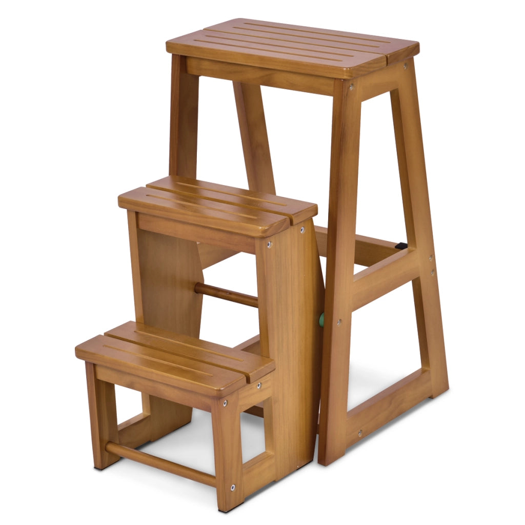 Sgabello scaletta a 3 gradini in legno di pino multiuso, Sgabello pieghevole da cucina 57x38x65cm Naturale-Sgabelli