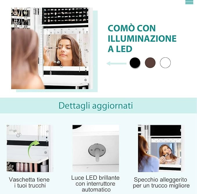 Armadietto per Gioielli con Specchio a Figura Intera LED, Armadio Multiuso con 4 Cassetti 4 Mensole, Organizer Portagioie per Camera da Letto e Cabina Armadio (Bianco)