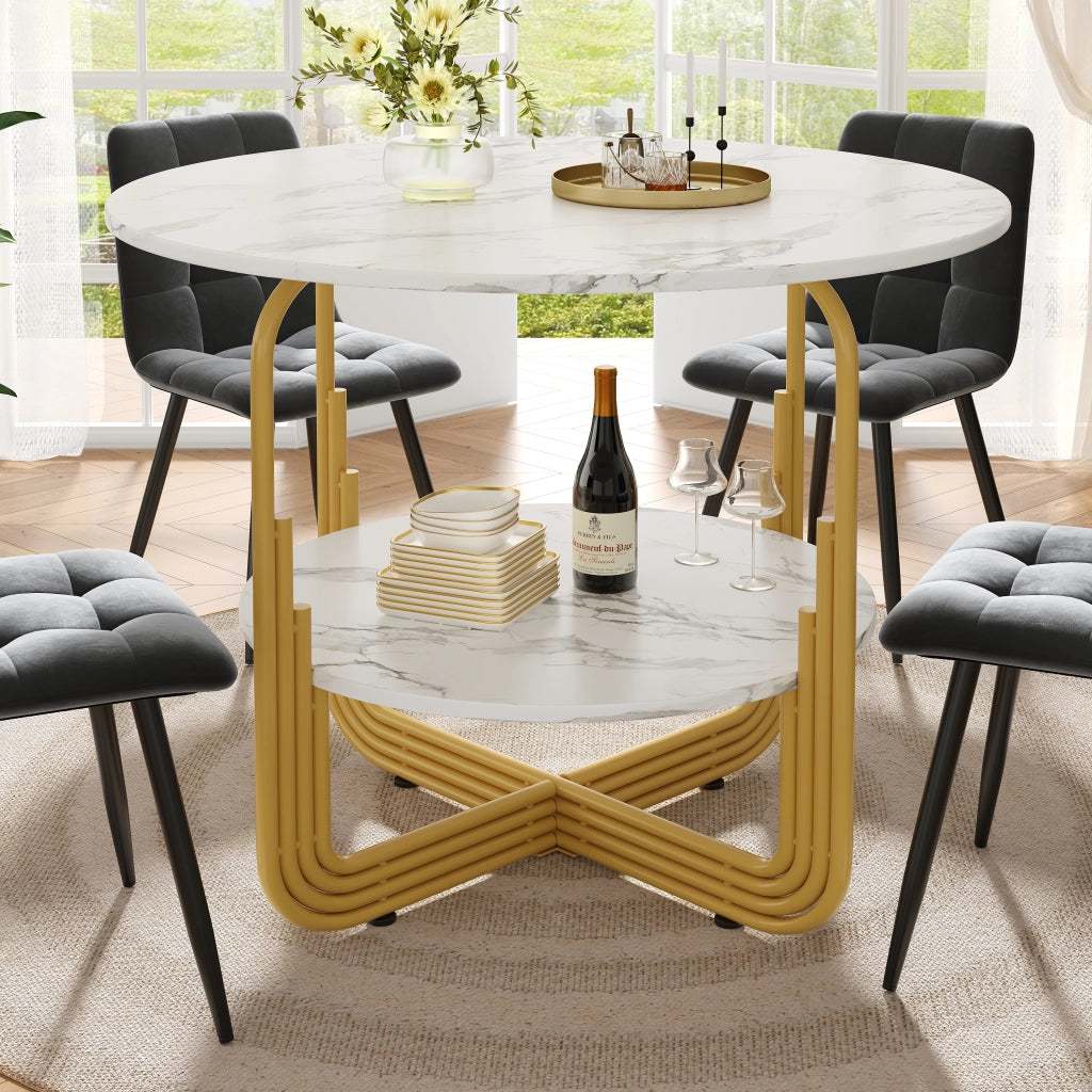 Tavolo da pranzo rotondo con piano in MDF effetto marmo, base dorata, per soggiorno e sala da pranzo, 80 × 80 × 76 cm