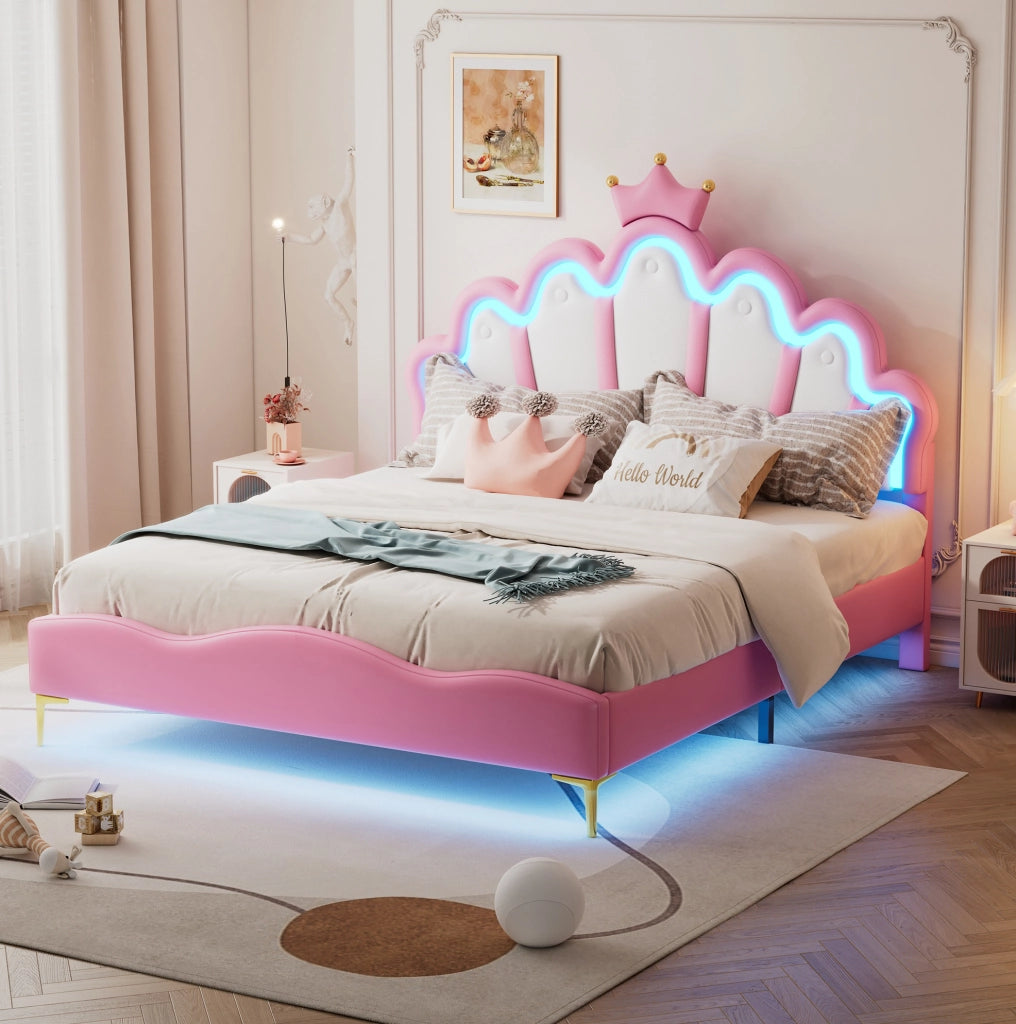 Letto matrimoniale 140x200 cm con luci LED; testiera a nuvola; similpelle PU; rosa
