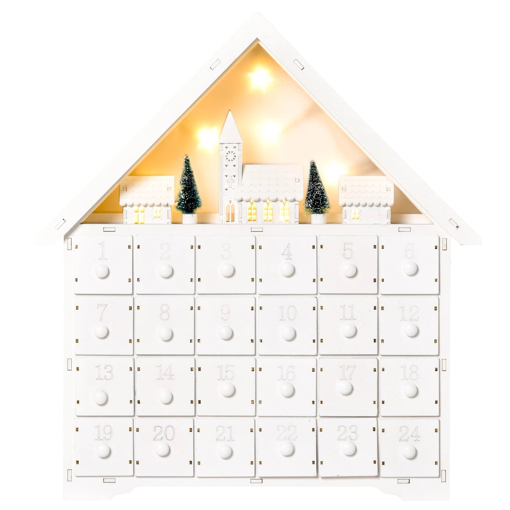 Calendario dell'Avvento in Legno con 24 Cassetti e Luci LED ¨C zephmum ¨C Bianco 39x9x42 cm