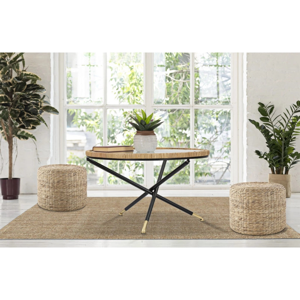 Tavolino da caffè rotondo Saint Barth con piano in vetro, ferro e rattan — Ø 80x46,5 cm