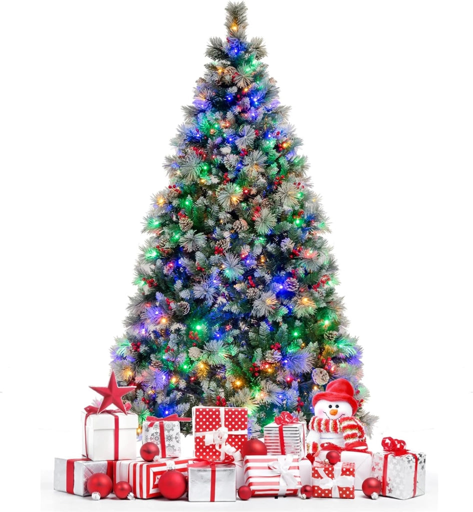 Albero di Natale Innevato 185/215 cm Pre-Illuminato e Incernierato, con 747/1116 Punte, 350/400 Luci LED, 55/70 Pigne, 55/70 Bacche Rosse e 11 Modalità di Illuminazione (185 cm)