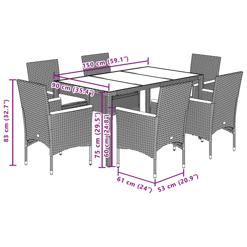 Set da Pranzo da Giardino 7 pz con Cuscini Polyrattan e Vetro 3278654