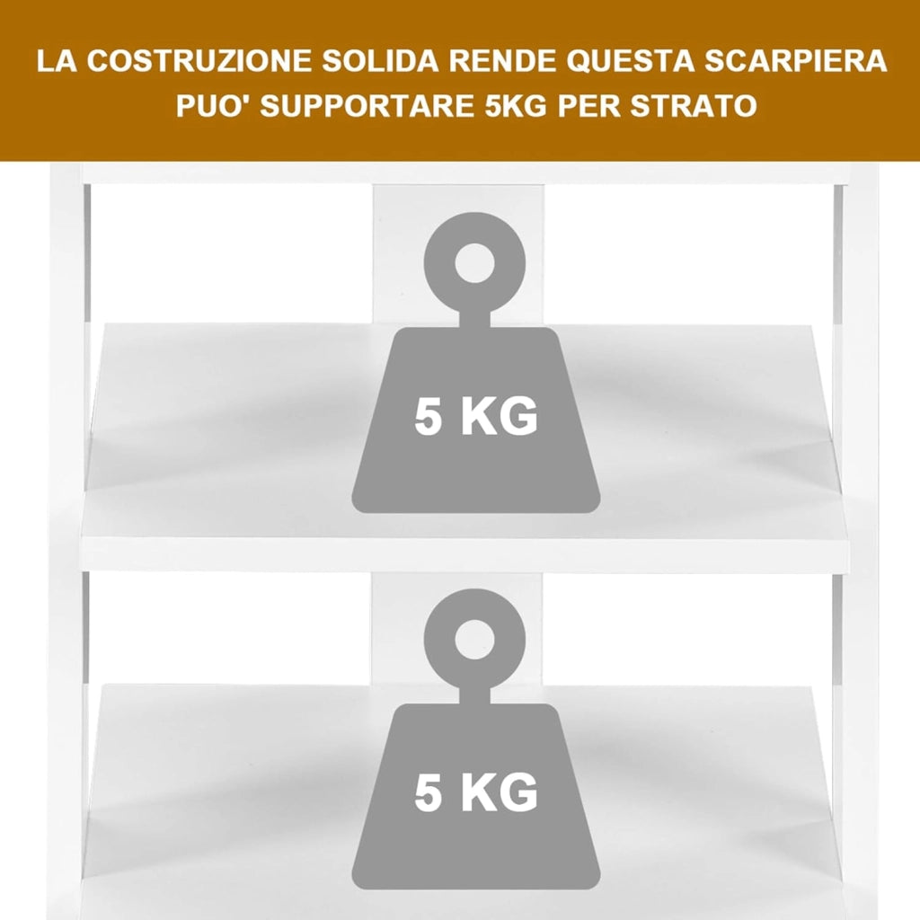 Scarpiera a 7 Ripiani, Scaffale Portascarpe in Legno con 2 Ripiani di Diverse Altezze, Scaffale Portaoggetti Multifunzione per Ingresso Soggiorno Camera da Letto, 28,5x25,5x110 cm (Bianco)
