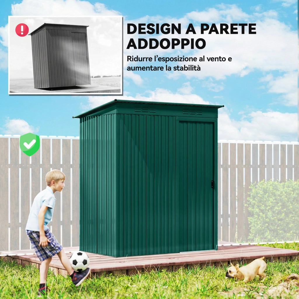 Casetta da Giardino in Metallo con Prese d'Aria e Porta Scorrevole, 159x106x181 cm, Verde