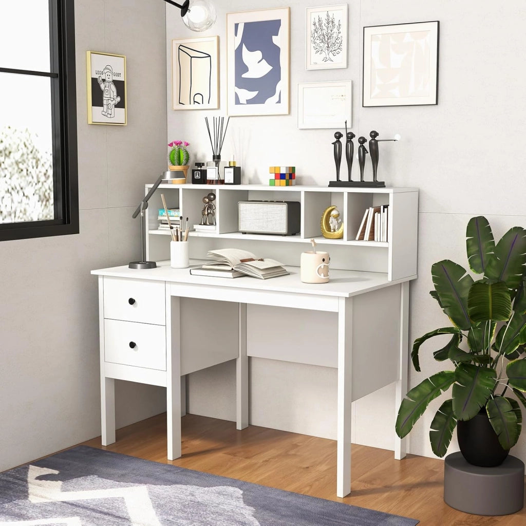 Scrivania con Cassetti e Libreria, Scrivania Salvaspazio con 5 Vani e 2 Cassetti, Scrivania Moderna da Ufficio e Casa, Bianco