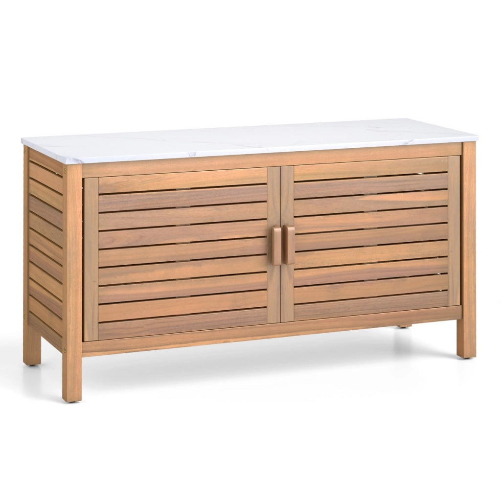 Mobile contenitore da esterno per patio a 2 ante con piano in finto marmo-Credenza da esterno per giardino Naturale