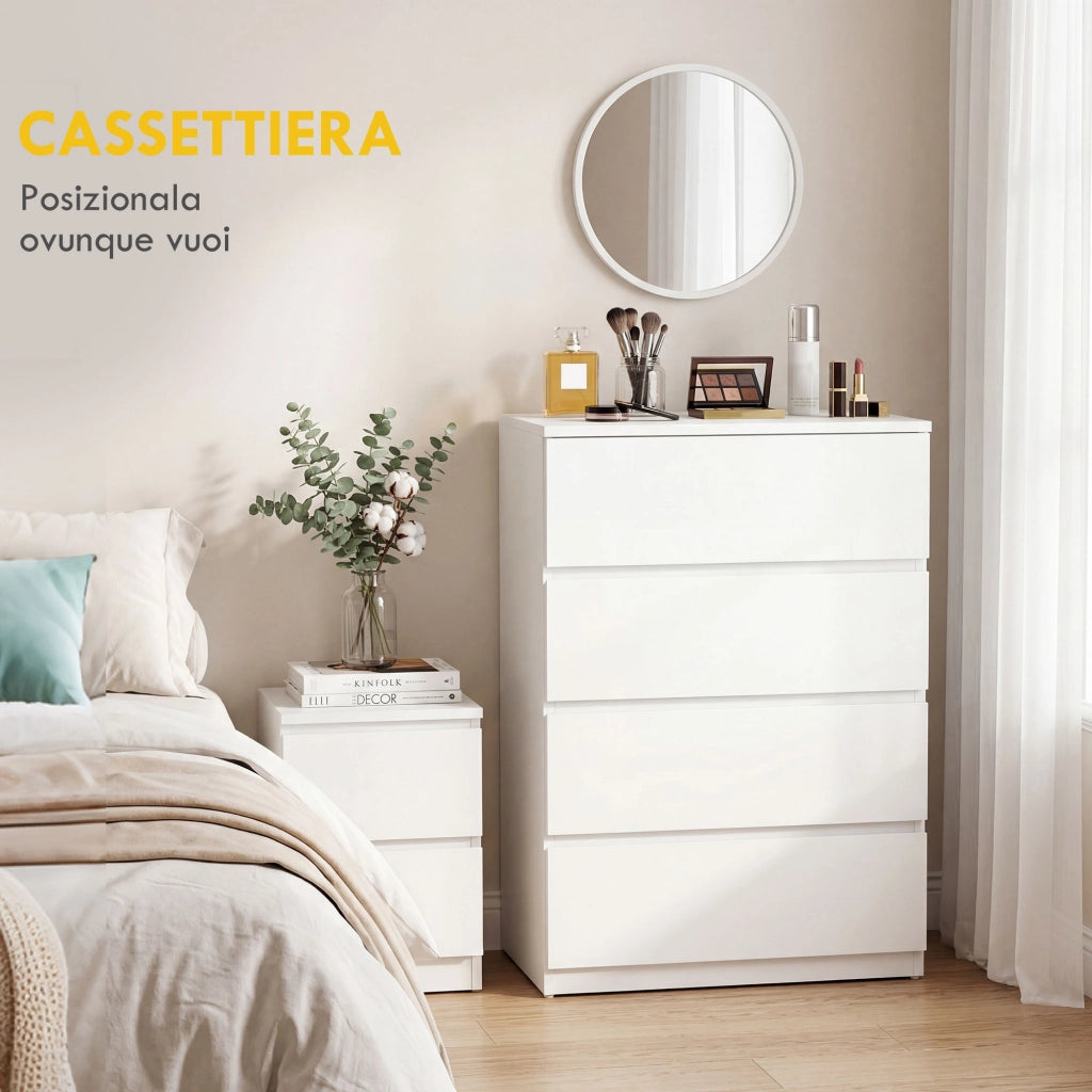 Cassettiera 4 Cassetti Bianca in Truciolato con Guide in Metallo ¨C Minimal ¨C 60x40x80 cm