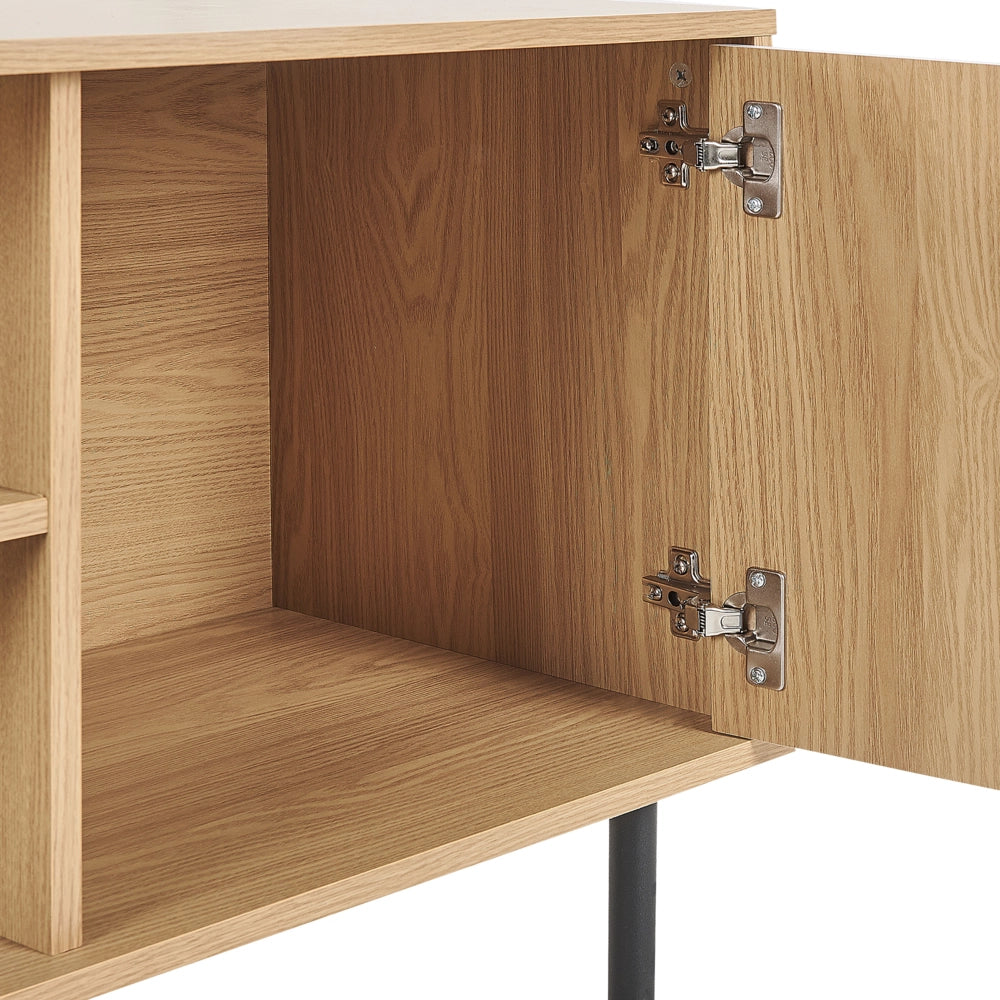 Mobile TV Legno Chiaro Bianco Truciolare Metallo 160 x 56 x 40 cm per TV fino a 70ʺ 2 Ante 3 Ripiani Gambe Nere Design Scandinavo Soggiorno