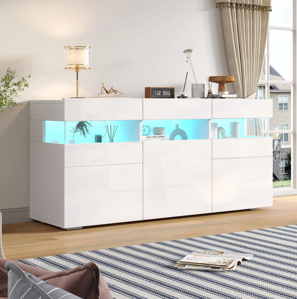 Madia soggiorno bianca 140 cm con LED, 3 ante e 7 ripiani