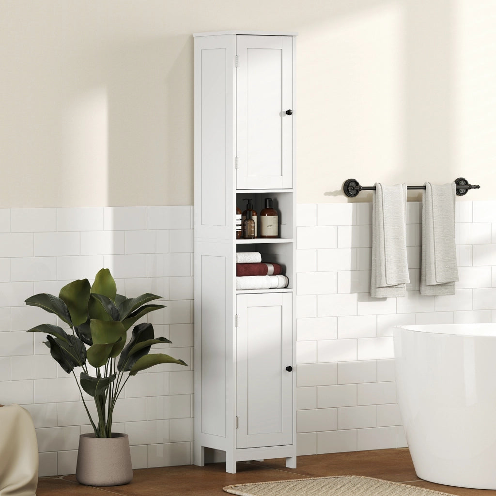 Mobile Alto Bagno con 2 Ripiani Aperti e 2 Armadietti con Scaffali Regolabili, in Legno, 30x30x170 cm, Bianco
