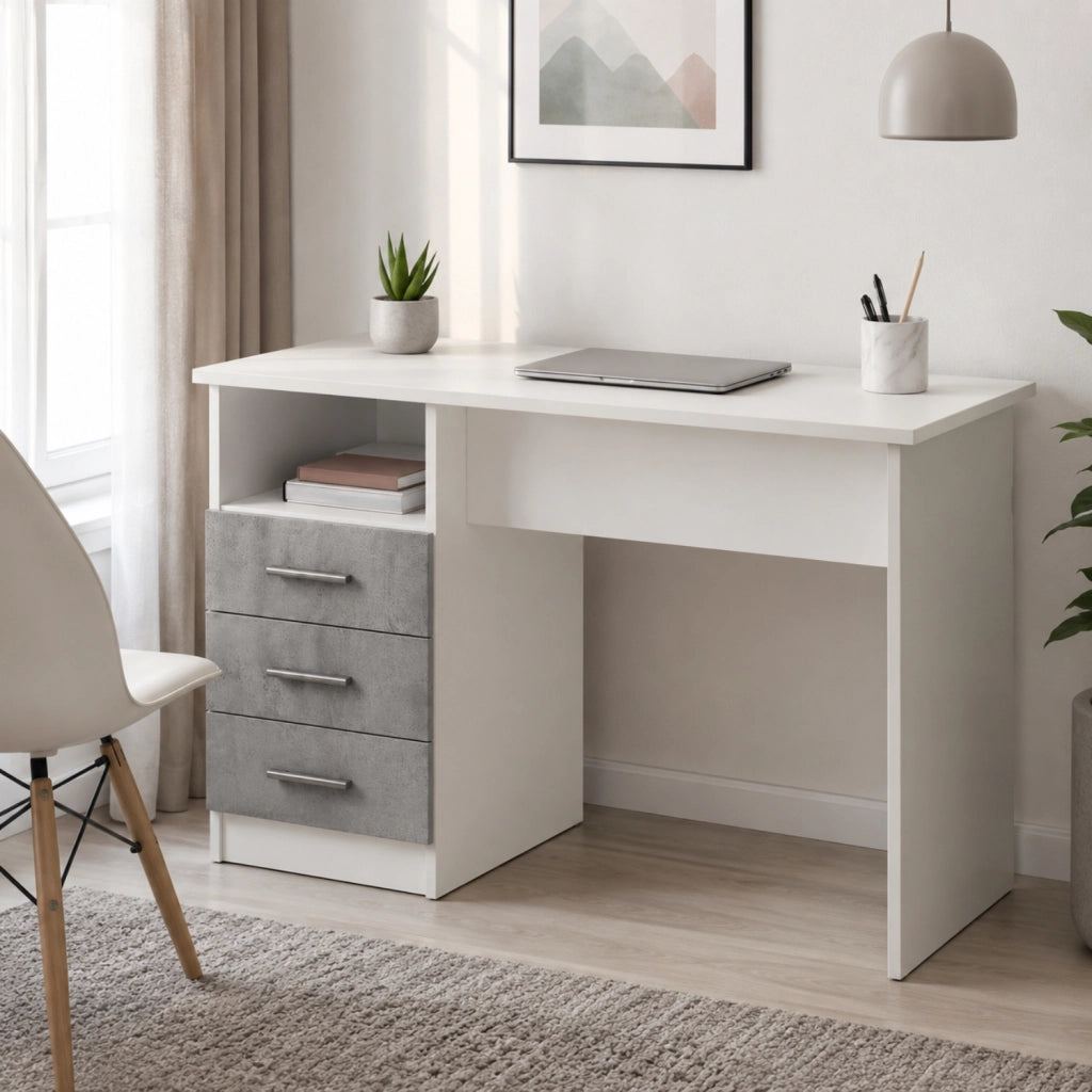 Scrivania con 3 Cassetti E Ripiano Lipsia Scrittoio da Studio o Ufficio Mobile Desk da Soggiorno Sala da Pranzo 120 x 72 x 48 cm Colore Bianco e Grigio Cemento