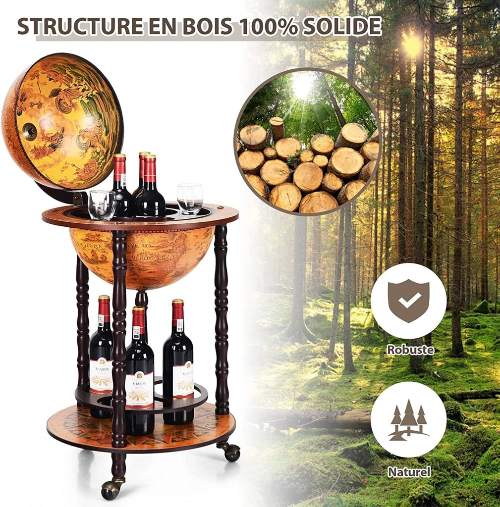 Mappamondo Bar con Ruote Mobile Porta Liquori, con Stile Retrò (Marrone 47 x 47 x 90 cm)