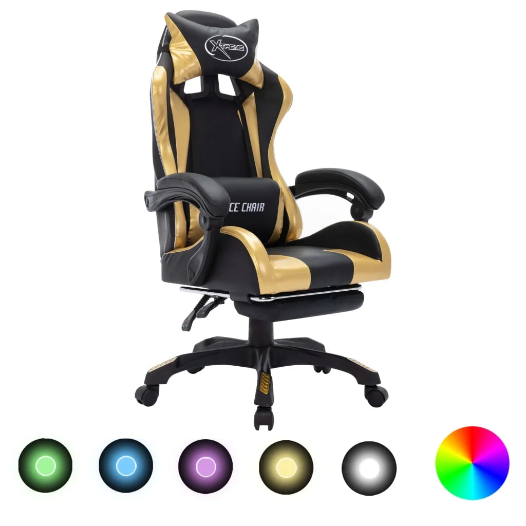 Sedia girevole da ufficio/studio per uso computer videogiochi con illuminazione LED RGB dorata e similpelle dorata 02_0024204