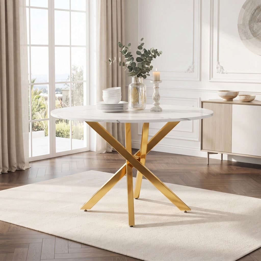 Tavolo rotondo 80 x 80 x 75 cm in MDF, finitura effetto marmo, gambe cromate oro, design moderno