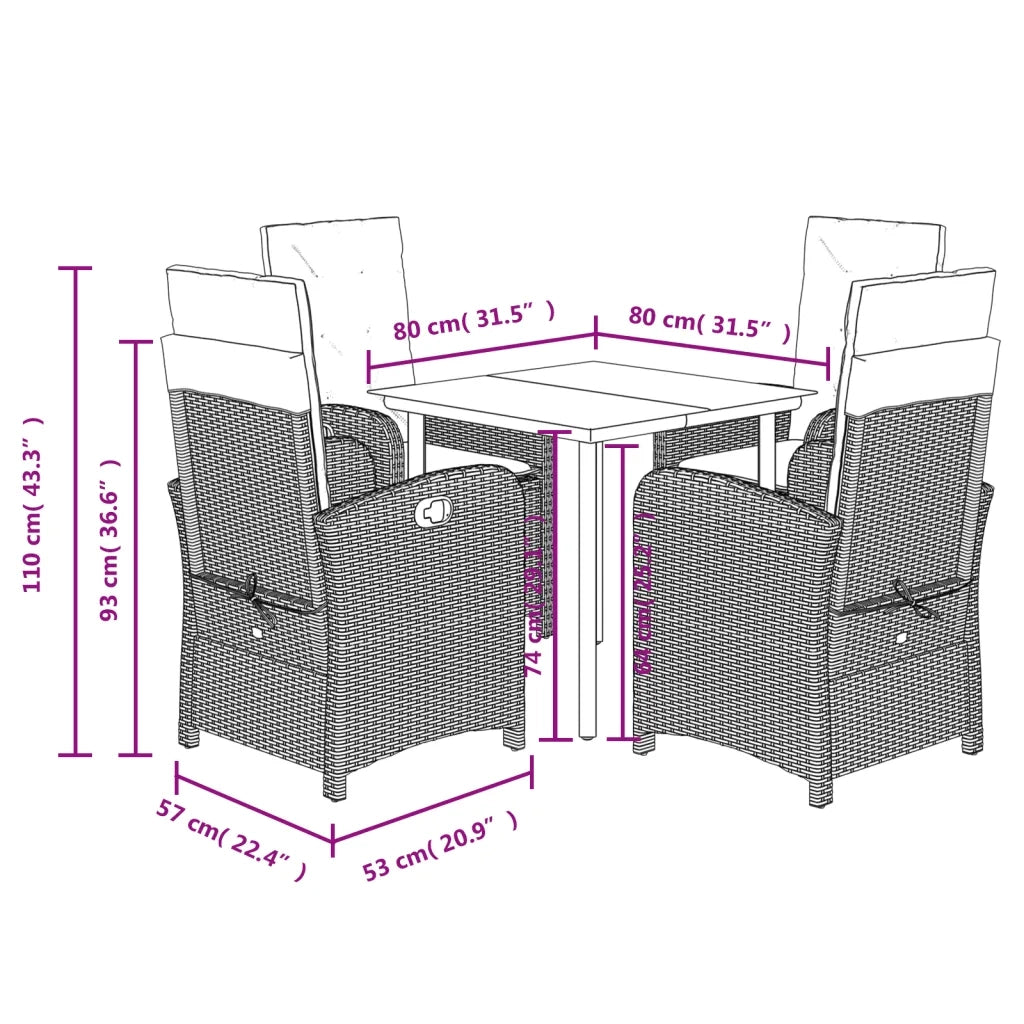 Set da Pranzo da Giardino 5 pz Nero con Cuscini in Polyrattan 3212522