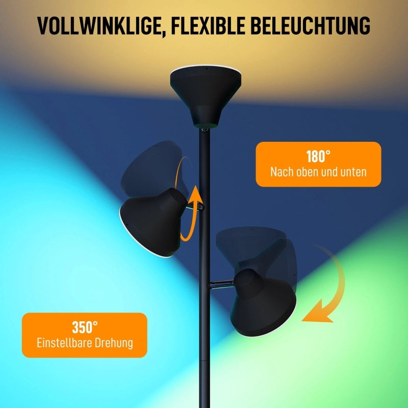 Lampada da terra dimmerabile con luce di lettura, lampada da terra a colori RGB con telecomando, controllo touch, 3 teste rotanti, nera