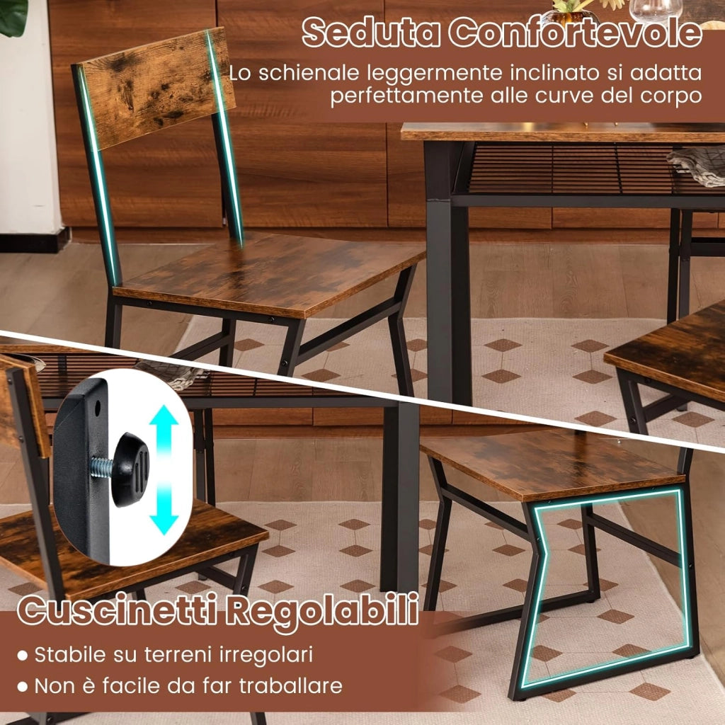 Set da Tavolo e Sedie da Pranzo, Tavolo da Pranzo con 4 Sedie Industriale, Set 5 Pezzi Mobili con Mensola Portaoggetti e Telaio in Metallo, per Cucina Sala da Pranzo, 110 x 70 cm (Marrone)