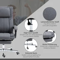 Sedia per Ufficio con Funzione Massaggio, Schienale Reclinabile, Poggiapiedi Estraibile, Rivestimento in Lino, 65 x 61 x 113 cm, Grigio