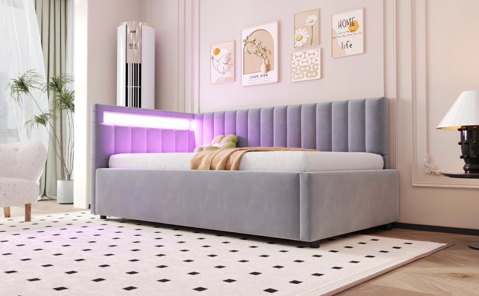 Divano letto imbottito in velluto con LED; contenitore idraulico e testiera reversibile; grigio chiaro; 90x200 cm; senza materasso