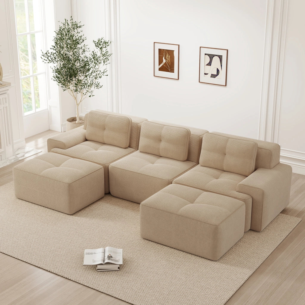 Divano modulare a U - con seduta profonda e base antiscivolo - in velluto a coste beige