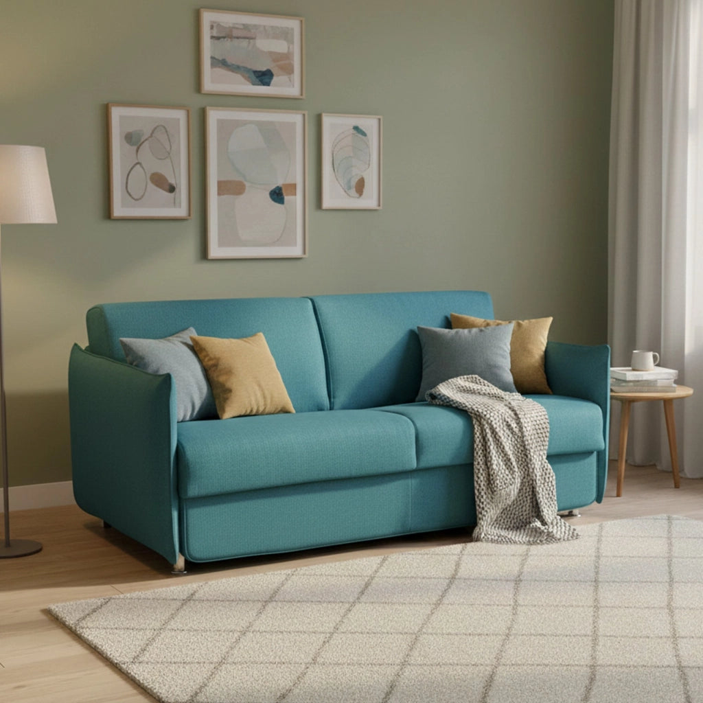 Verceia, Divano Letto 2 Posti Sfoderabile Made in Italy, 160x95 cm Azzurro