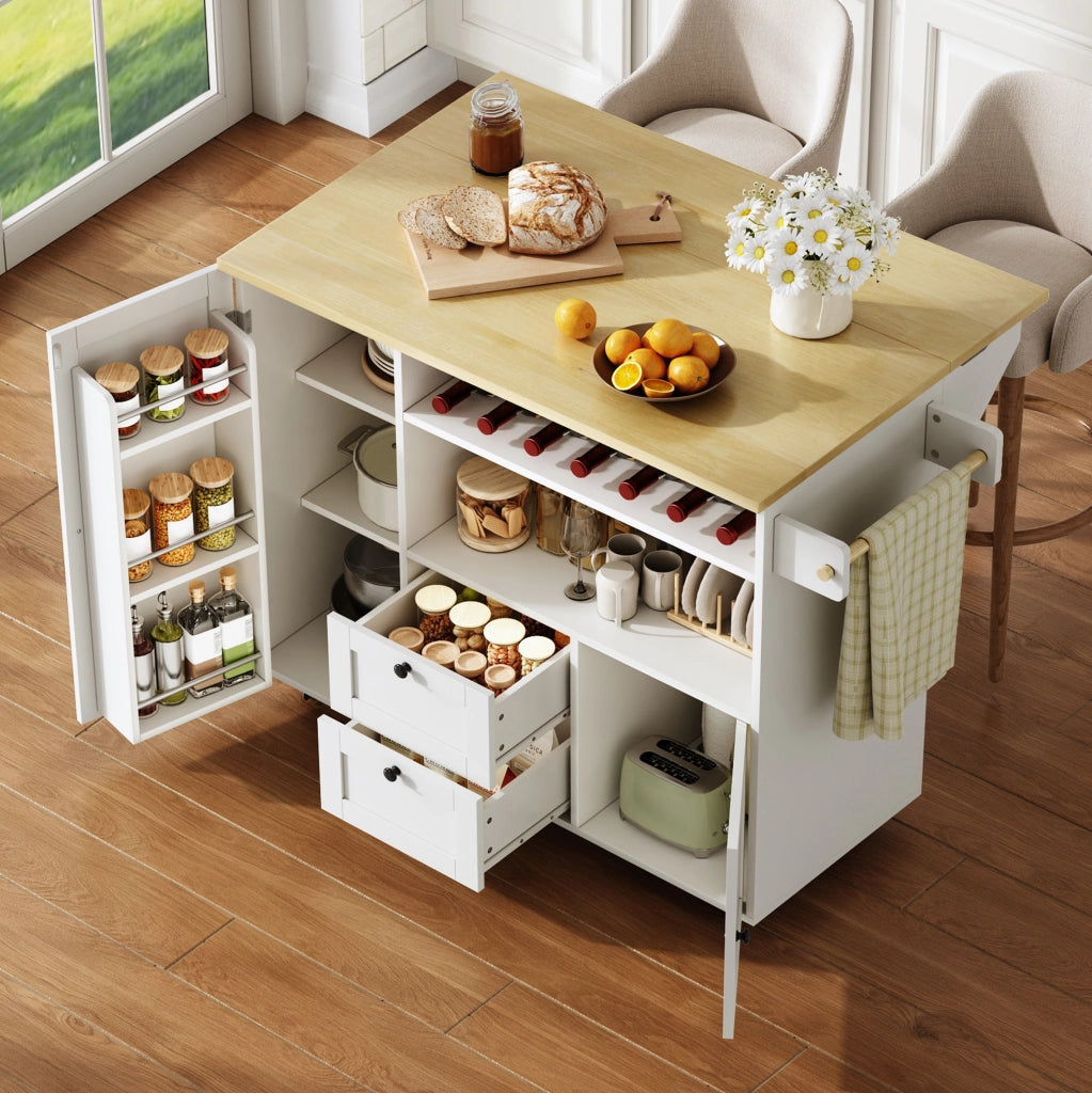 Isola da cucina con piano ribaltabile 104x45(69)x89 cm in MDF naturale e bianco