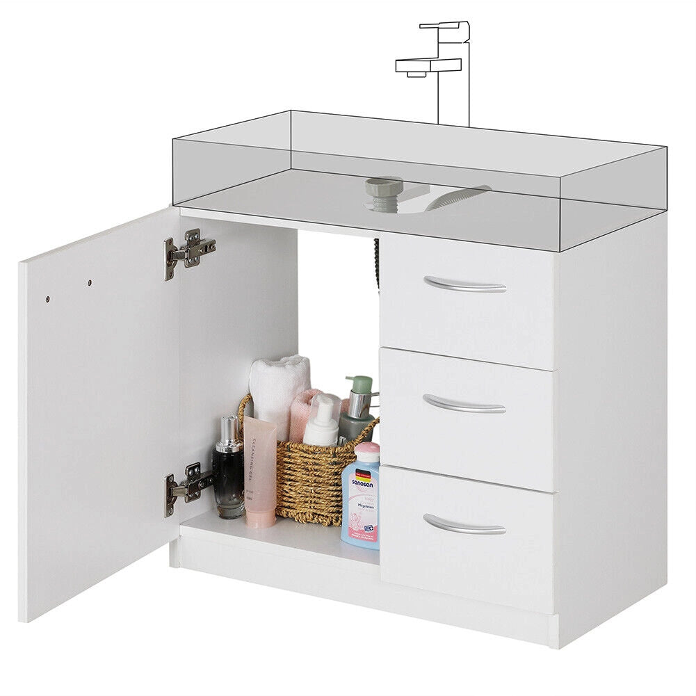 Mobile Mobiletto Armadietto Bagno Lavandino Lavabo Cassetti e Ante Legno Bianco