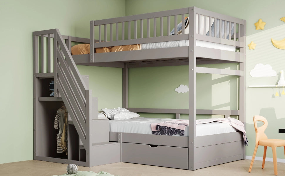 DESMIU Letto a castello 90 × 200 cm 2 posti con scala contenitore e cassetto, senza materasso, in legno, grigio