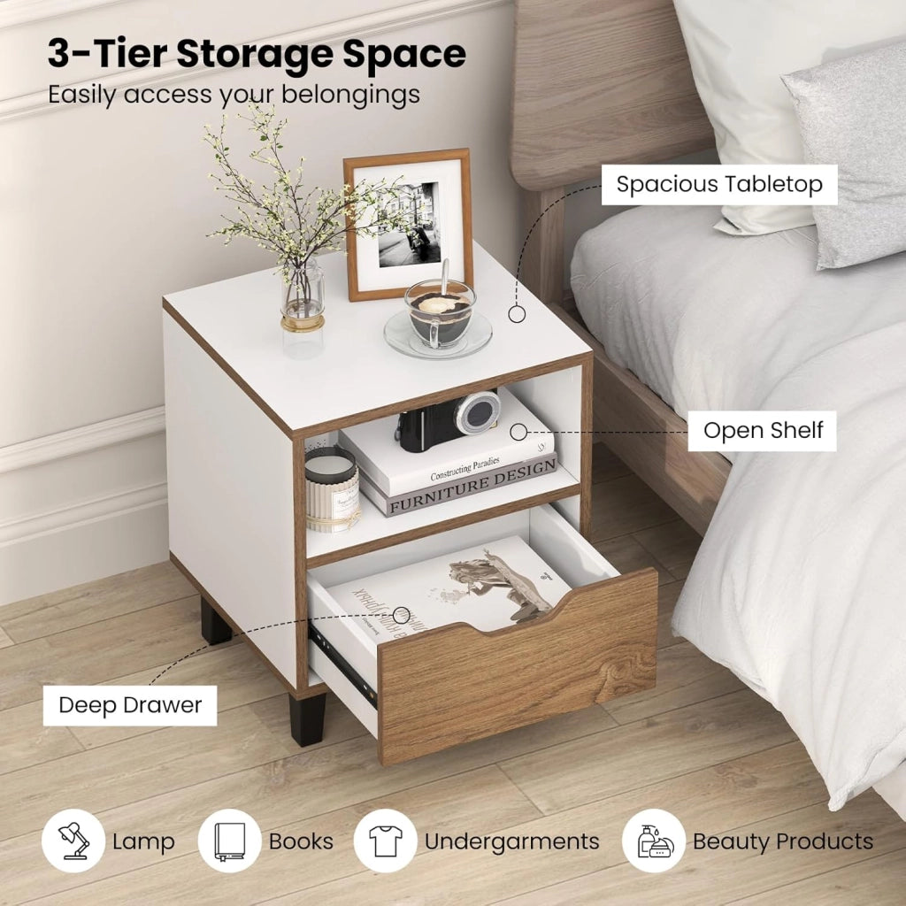 Comodino in legno, comodino con cassetto e ripiano aperto, gambe in metallo, 37 x 33 x 44 cm, tavolino ausiliario per soggiorno, camera da letto