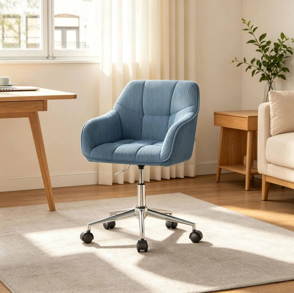 Sedia girevole da ufficio blu in velluto a coste