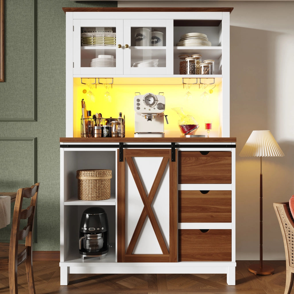 Credenza Alta da Cucina con 1 Porta Scorrevole in Vetro; 1 Cassetto; Ripiani Regolabili e LED; 104x40x180 cm; Bianco