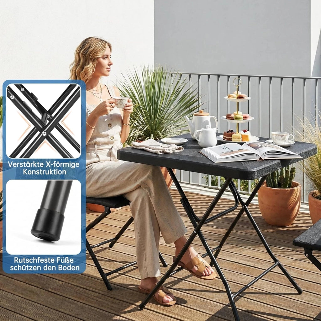 Tavolo da Giardino 80 x 80 x 74 cm, Tavolo Pieghevole Portatile, Tavolo da Campeggio in HDPE, Piano Effetto Legno, con Telaio in Acciaio, Carico Massimo 50 kg, per Giardino, Terrazza e Balcone