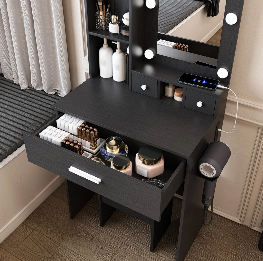 Toeletta con specchio LED a 3 modalità; presa integrata; supporto asciugacapelli; MDF nero