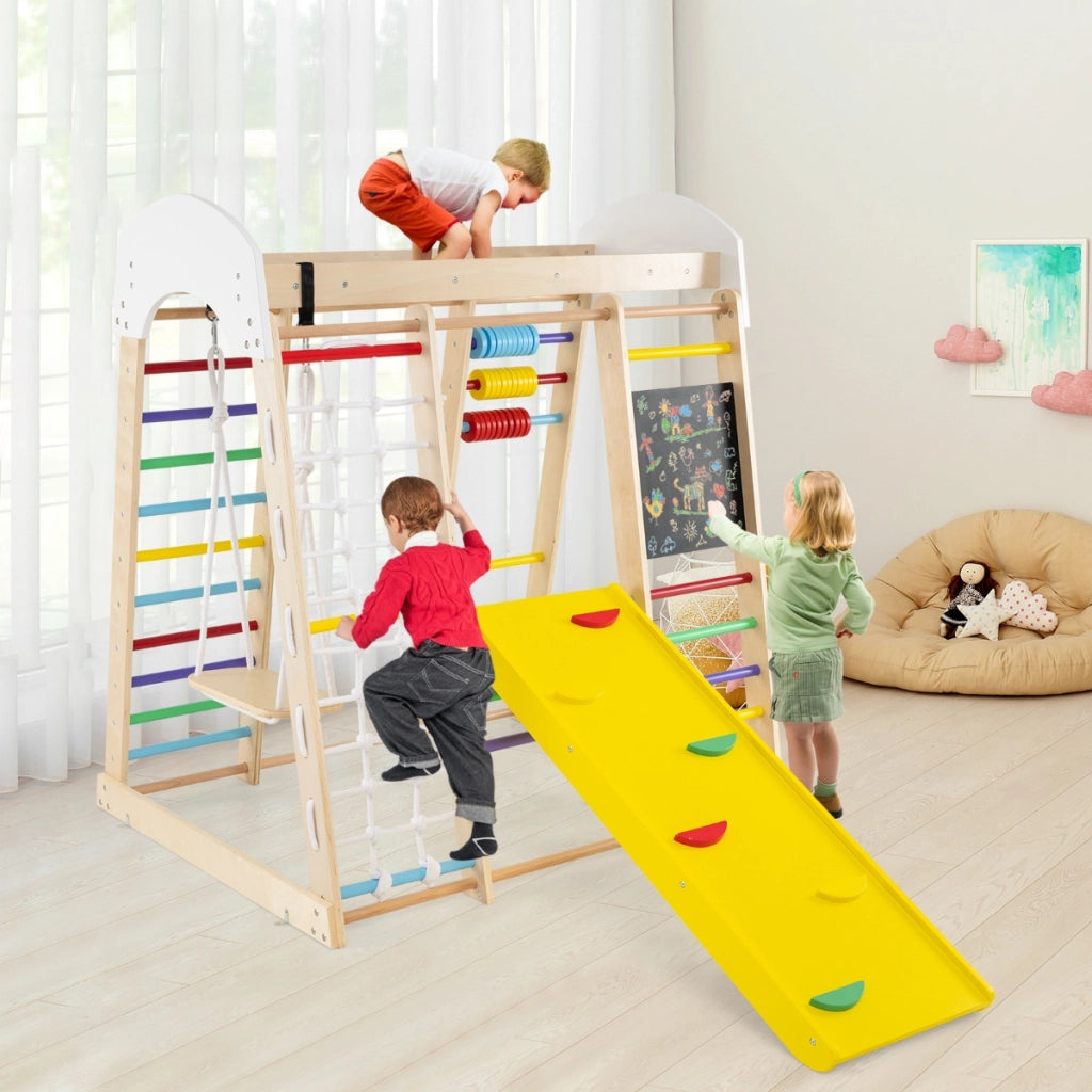 Set arrampicata 8 in 1 per bambini con abaco e altalena, Set arrampicata di legno con scivolo e scala Colorato