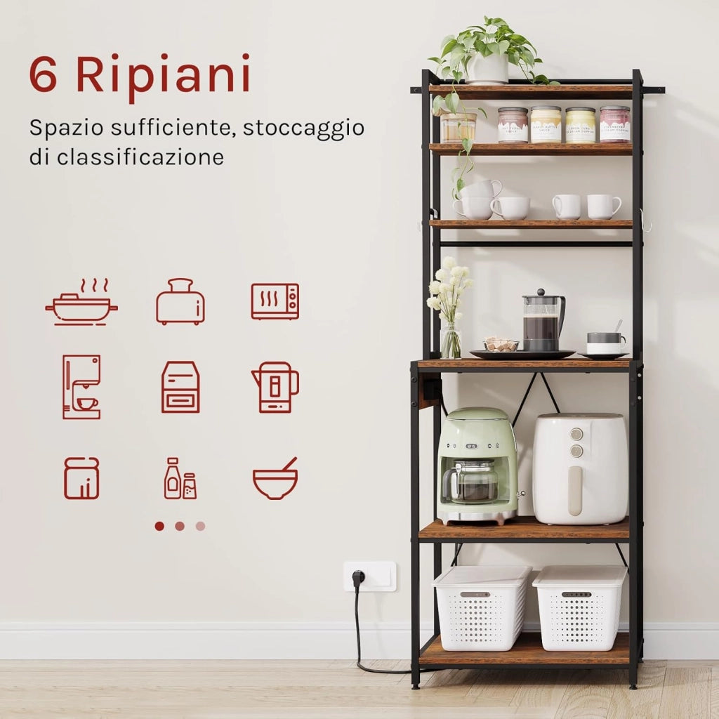 Scaffale da Cucina a 6 Livelli con Prese di Corrente, Scaffale per Microonde con Struttura in Metallo e Piano di Lavoro Aperto, Nero+Marrone Rustico, 60x39,5x167cm
