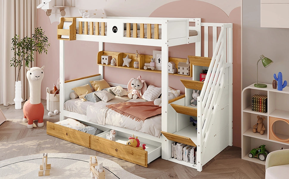 DESMIU Lit a castello 90 × 200 cm 2 posti con scala contenitore, 2 cassetti e ripiano, senza materasso