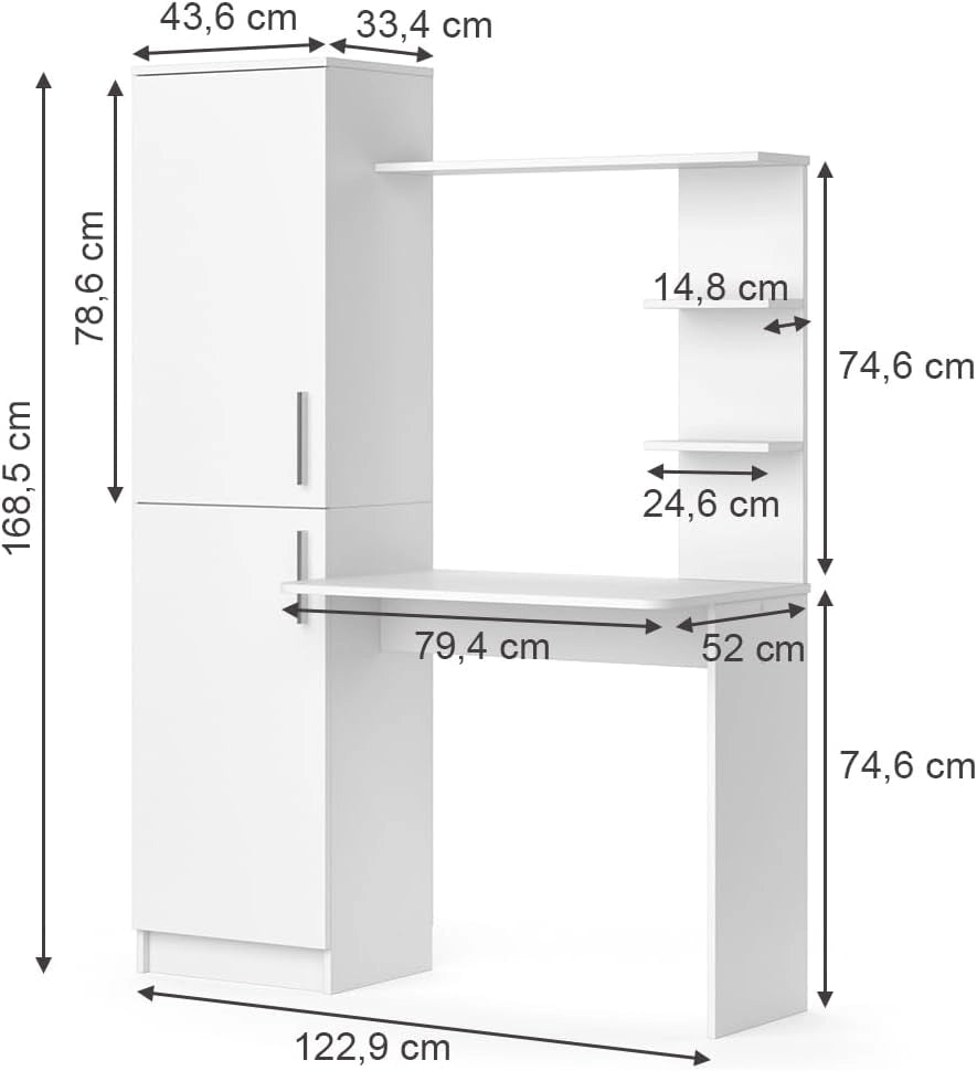 Scrivania con ripiani Tessa, Bianco, 122.9 x 52 cm, con ripiano per spazio di appoggio aggiuntivo